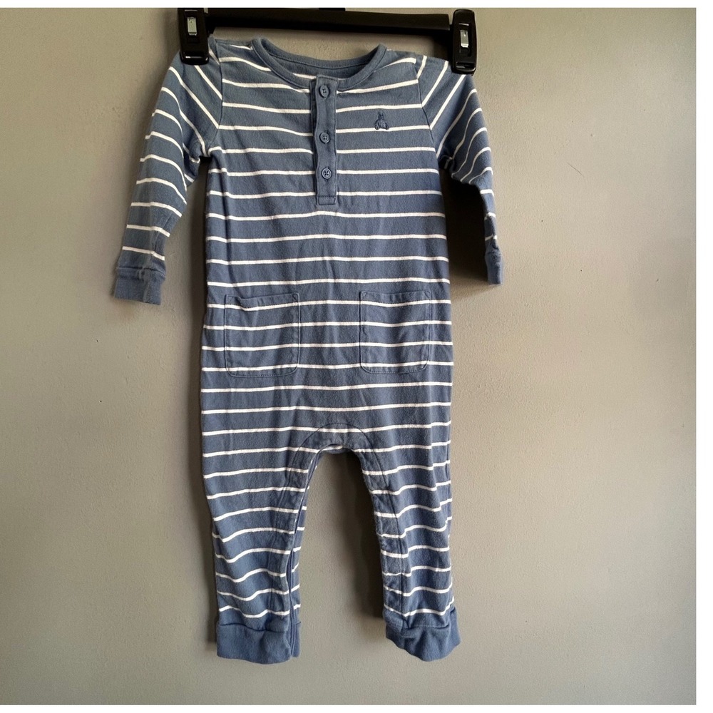 Baby Gap Blue White Striped Organic Cotton Henley Romper 18-24 Months